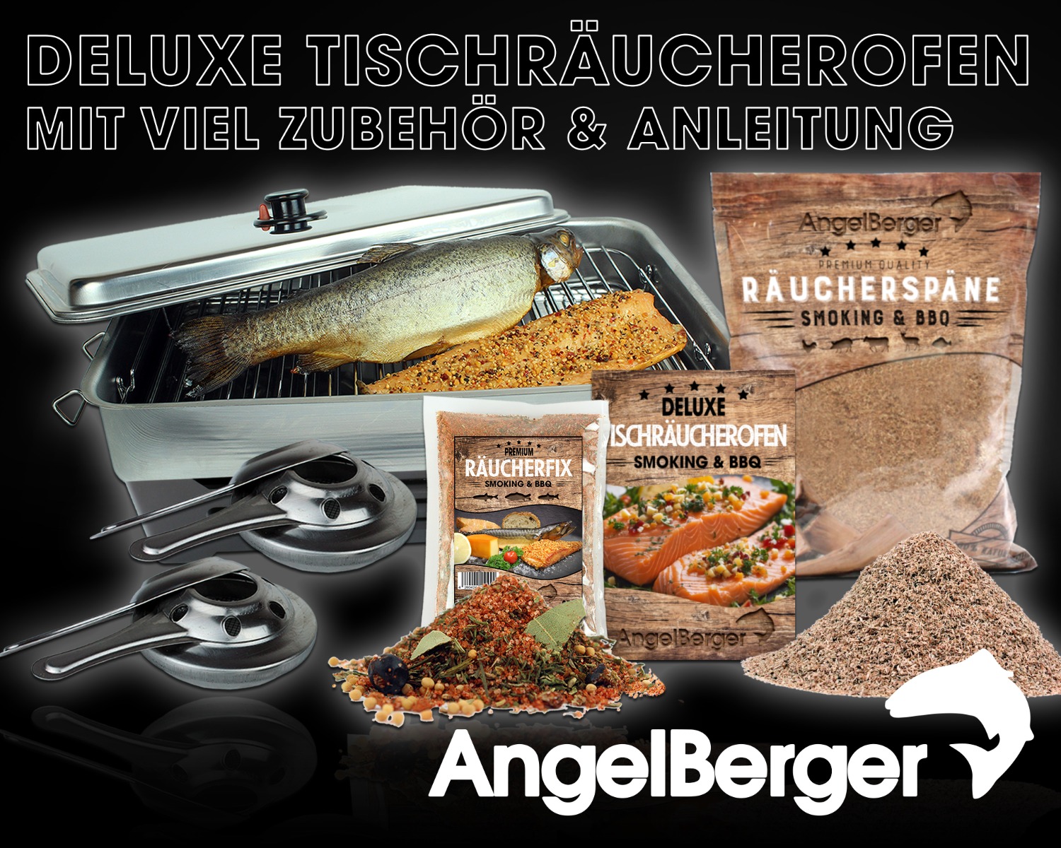 Angel Berger Deluxe Tischraeucherofen mit Zubehoer Edelstahl Smoker mit Räuchermehl Räucherlauge Räucheranleitung Räucherset