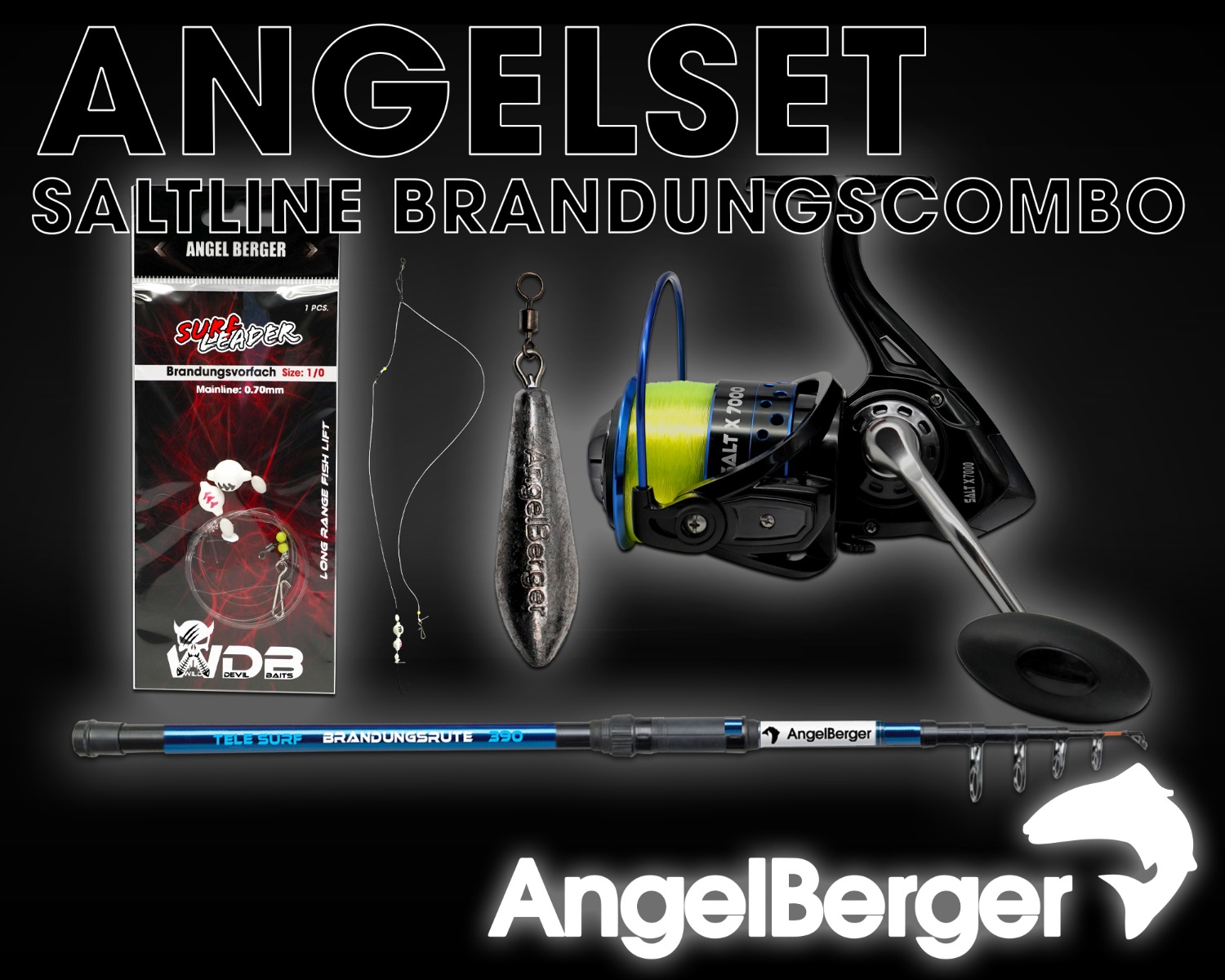 Angel Berger Saltline Brandungscombo Brandungsset mit Zubehör Brandungsrute Meeresrolle mit Brandungsvorfach und Blei