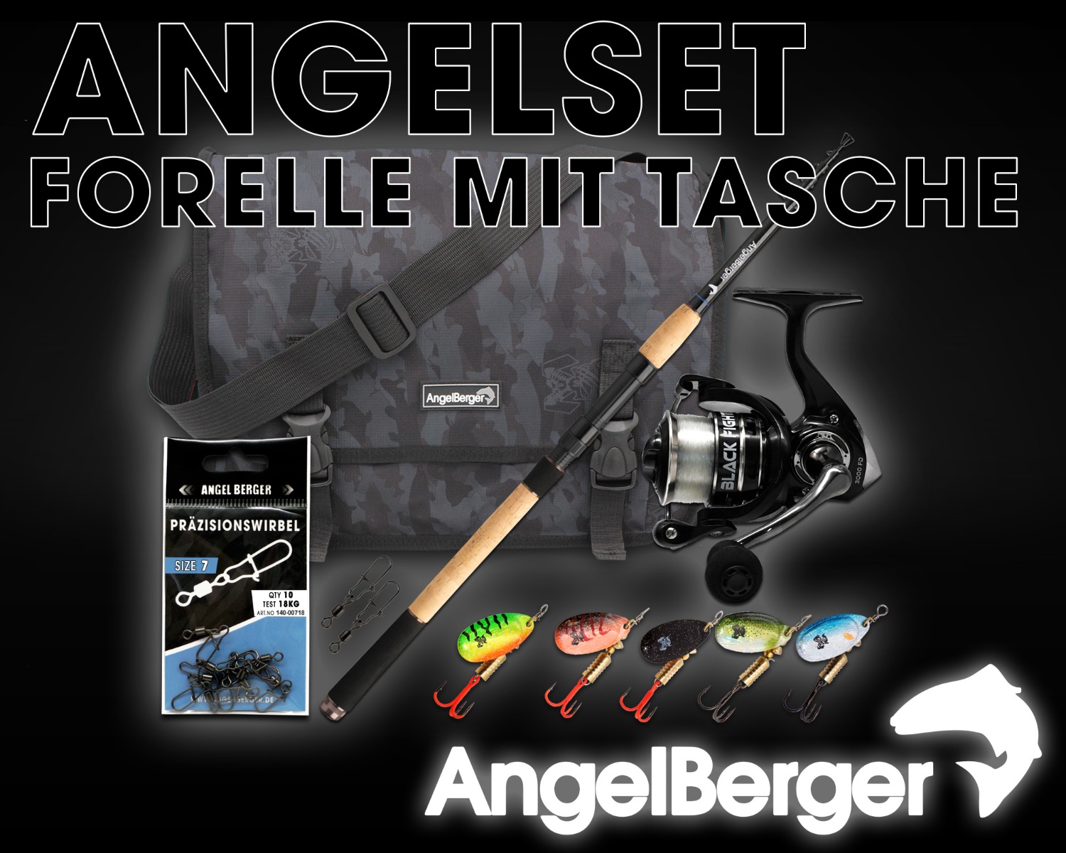 Angel Berger Tele Angelset Forelle mit Tasche und Zubehör Trout Fishing Set Angelrute Angelrolle Forellenköder