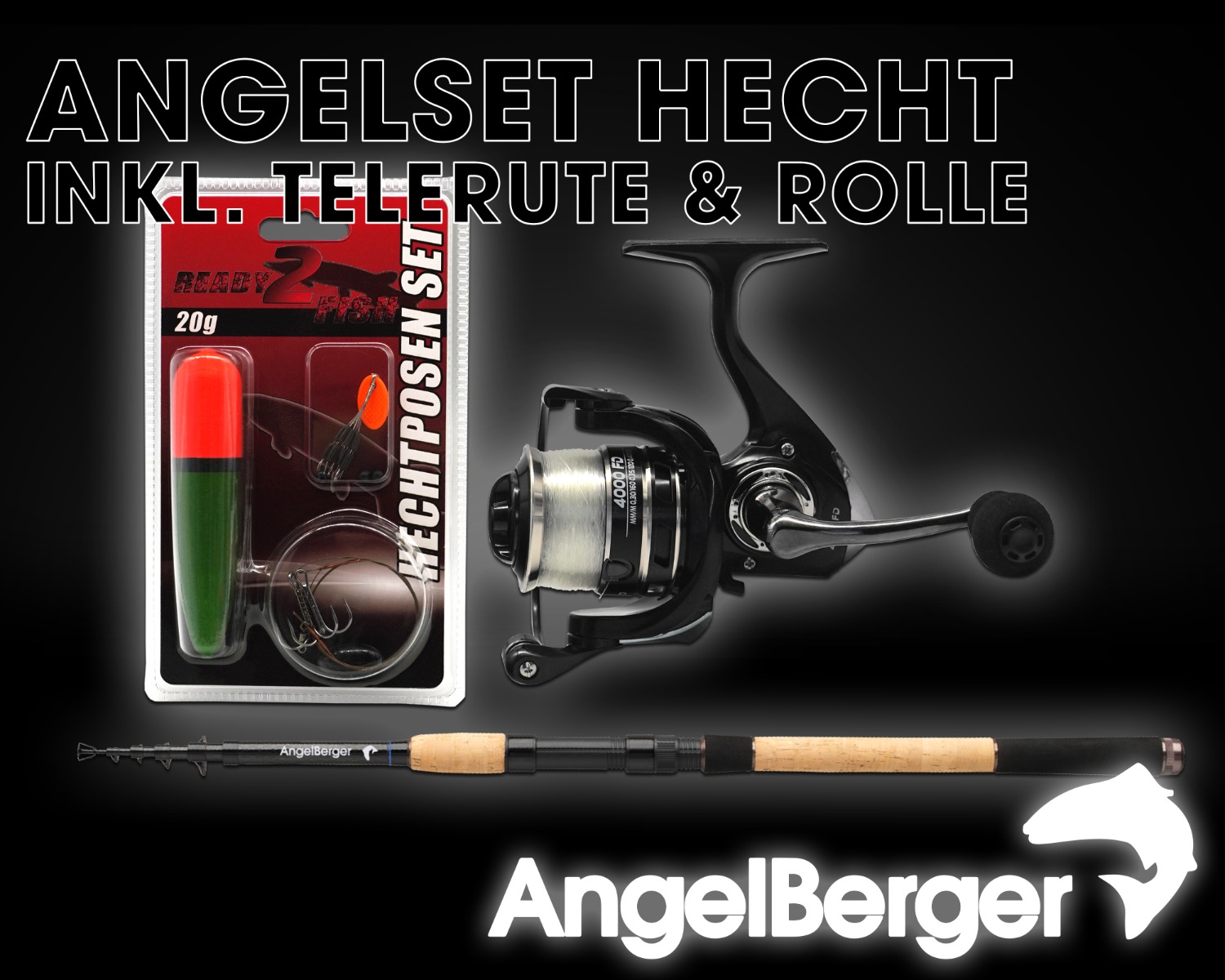 Angel Berger Tele Angelset Hecht Rute Rolle mit Zubehör