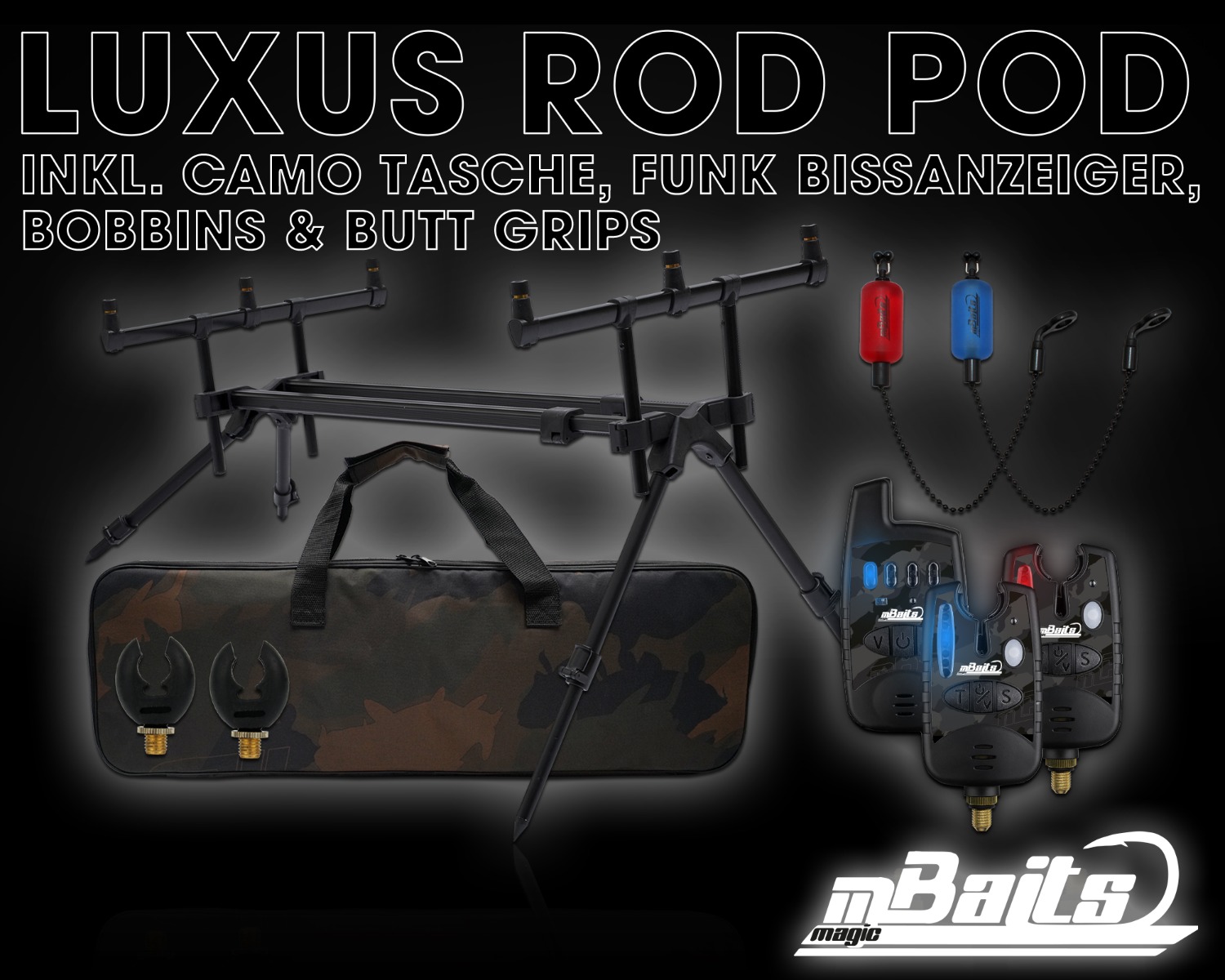 Magic Baits Luxus Rod Pod mit Funkbissanzeiger Set Tasche Rutenauflagen Bite Indicator Carp Rodpod Rutenständer Rutenhalter