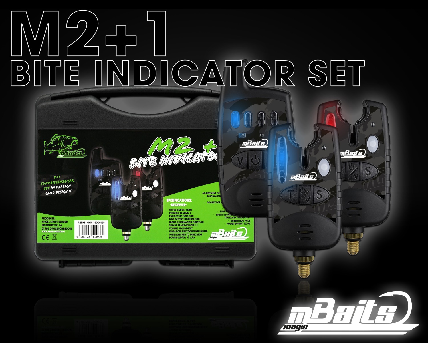 Magic Baits M2+1 Bite Indicator Set Funkbissanzeiger Set Carp Funk Bissanzeiger mit Koffer zum Karpfenangeln