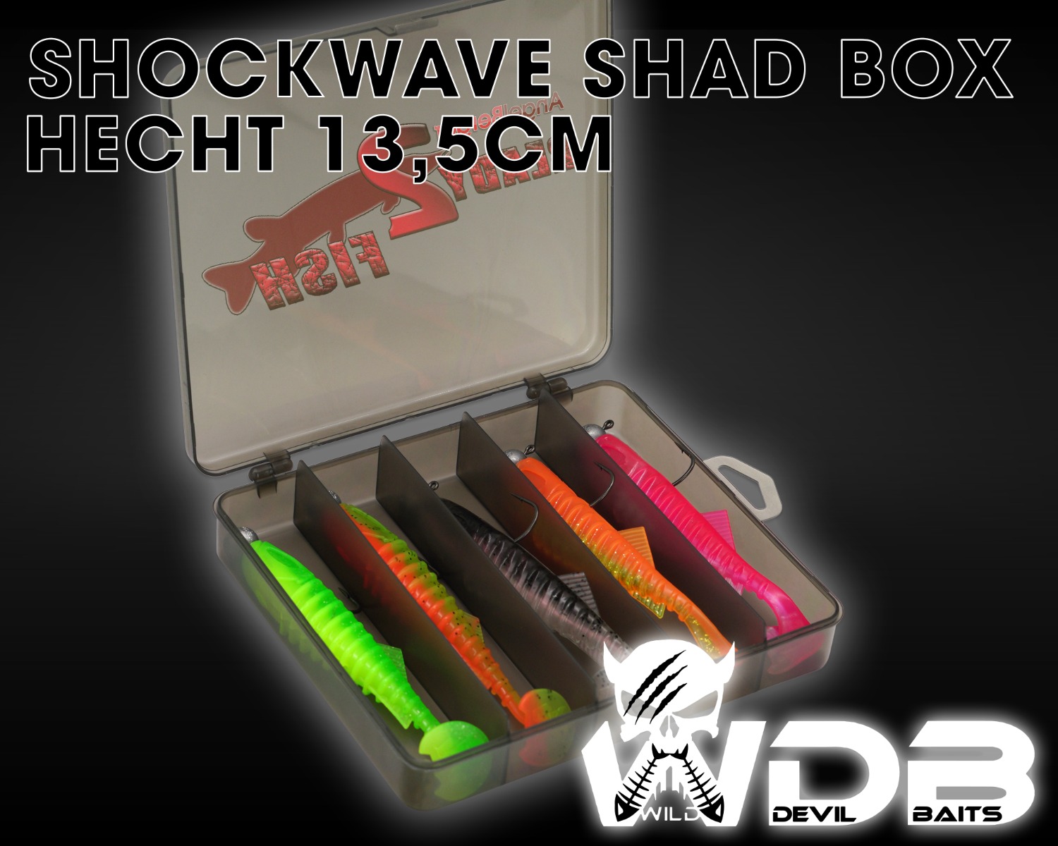 Wild Devil Baits Ready2Fish Shockwave Shad mit Box Gummifisch Set mit Jighaken Kunstköder Gummiköder Angelset
