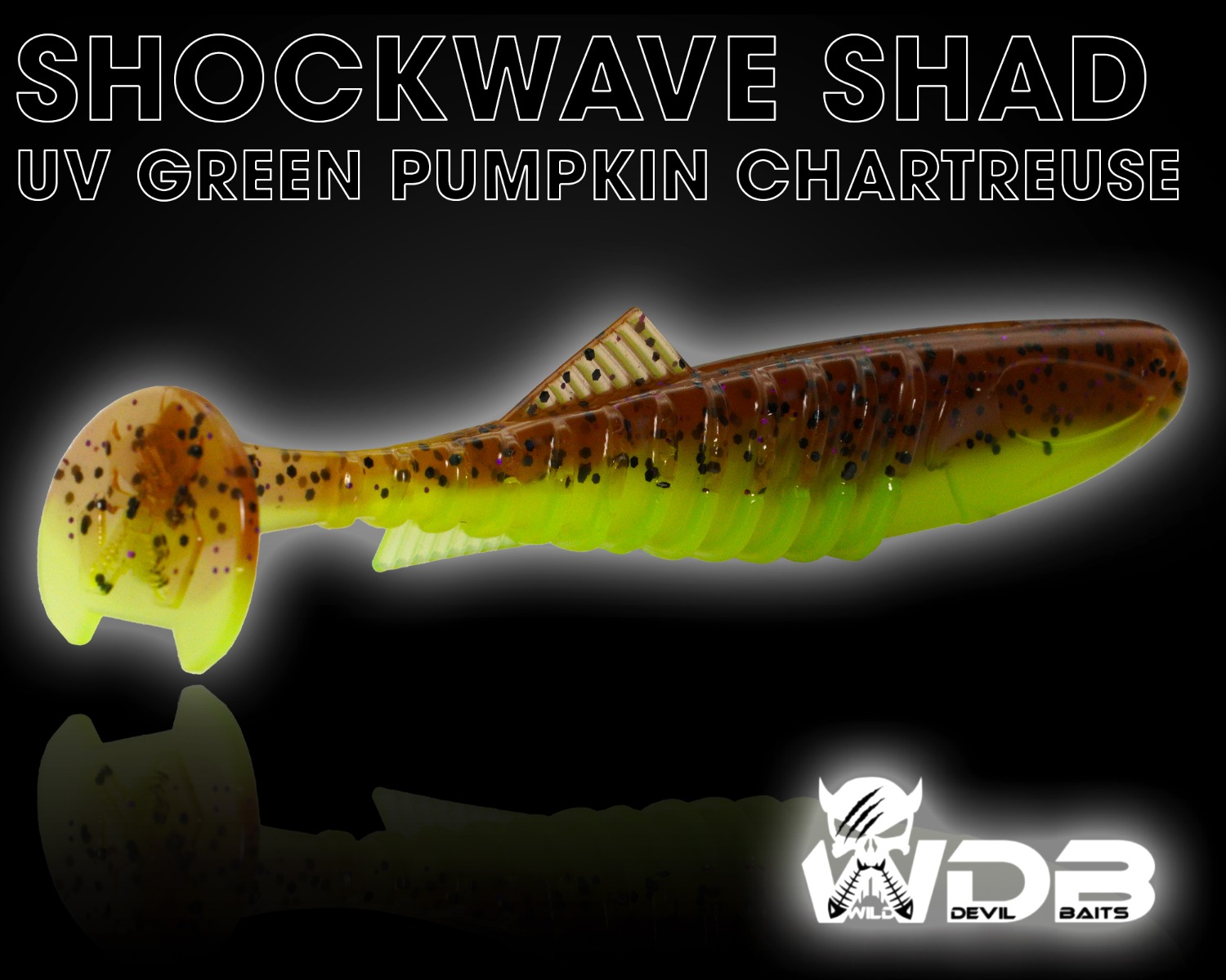 Wild Devil Baits Shockwave Shad UV Green Pumpkin Chartreuse Gummifisch Kunstköder Softlure Gummiköder Hecht Barsch Zander Angelköder Raubfischköder